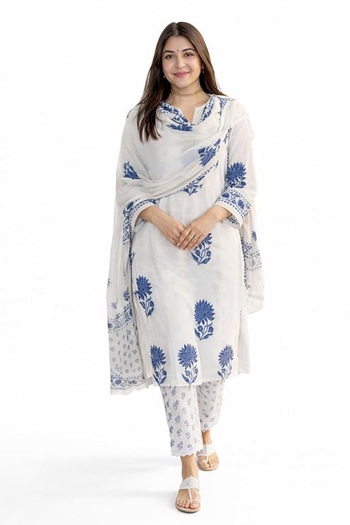 Nermosa Women's Hand Block Floral Printed Straight Kurta Set with Palazzo Pants & Dupatta Ethnic Kurta Set for Casual Outings Day Events Summer Wear Festive - Image 3