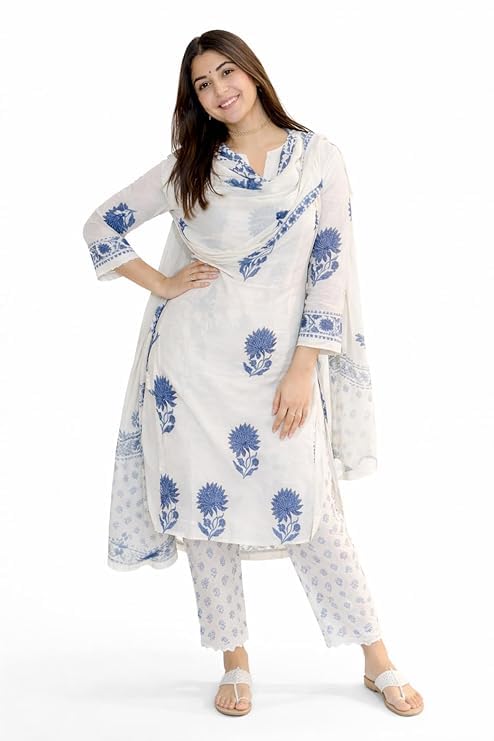 Nermosa Women's Hand Block Floral Printed Straight Kurta Set with Palazzo Pants & Dupatta Ethnic Kurta Set for Casual Outings Day Events Summer Wear Festive - Image 2