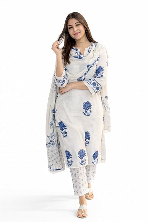 Nermosa Women's Hand Block Floral Printed Straight Kurta Set with Palazzo Pants & Dupatta Ethnic Kurta Set for Casual Outings Day Events Summer Wear Festive - Image 4