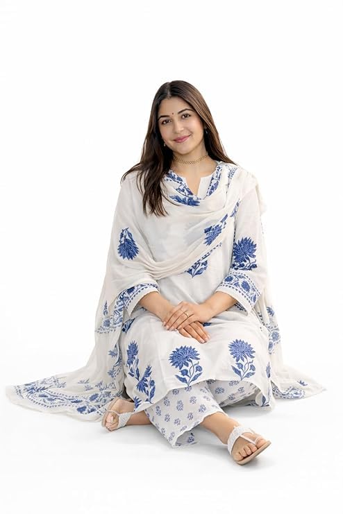 Nermosa Women's Hand Block Floral Printed Straight Kurta Set with Palazzo Pants & Dupatta Ethnic Kurta Set for Casual Outings Day Events Summer Wear Festive - Image 5