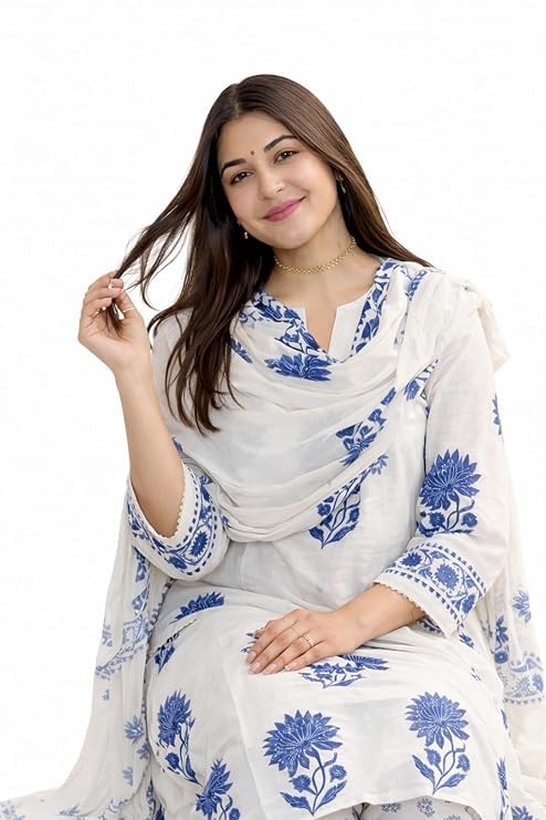 Nermosa Women's Hand Block Floral Printed Straight Kurta Set with Palazzo Pants & Dupatta Ethnic Kurta Set for Casual Outings Day Events Summer Wear Festive - Image 6