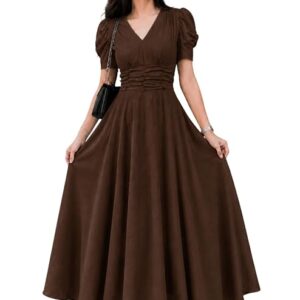 Preneum Girl's & Women's Solid Color V-Neck A-Line Maxi Dress for Women | New Year Party Outfit | Waist Cinched Puff Sleeve Western | Elegant Casual Wear