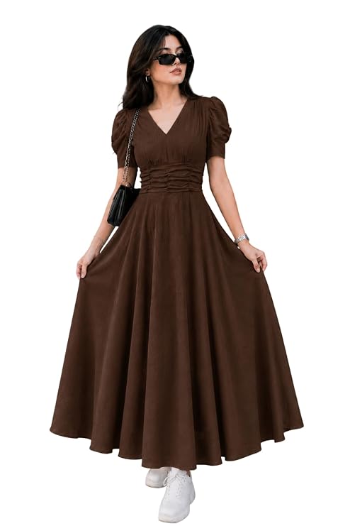 Preneum Girl's & Women's Solid Color V-Neck A-Line Maxi Dress for Women | New Year Party Outfit | Waist Cinched Puff Sleeve Western | Elegant Casual Wear