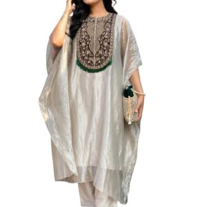 GoSriKi Kurta Set for Women Salsa Embroidered | Kaftan Kurti Set for Woman | Kurta Palazzo 2 Piece Outfit | Round Neck Kaftan Sleeve Ethnic Dress Stylish Womens Clothing
