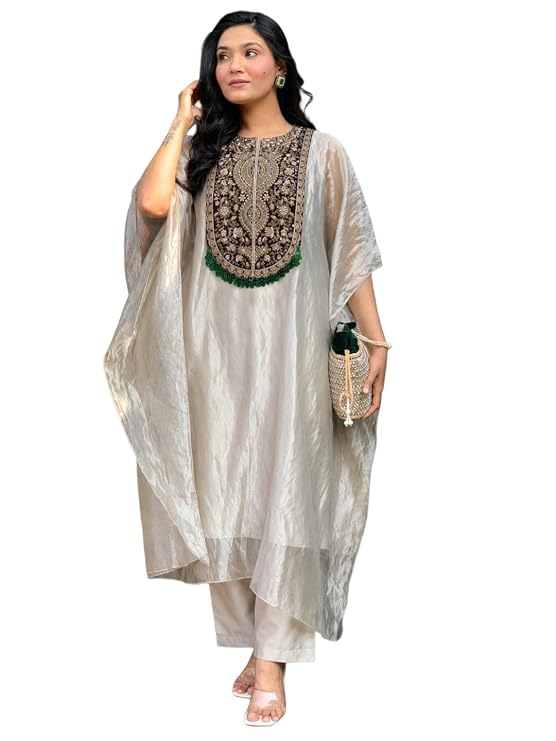 GoSriKi Kurta Set for Women Salsa Embroidered | Kaftan Kurti Set for Woman | Kurta Palazzo 2 Piece Outfit | Round Neck Kaftan Sleeve Ethnic Dress Stylish Womens Clothing