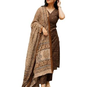 GoSriKi Kurta Set Women Viscose Printed | Kurti Set Woman | Kurta Pant Dupatta 3 Piece Outfit | V-Neck Elbow Length Sleeve Straight Fit Ethnic Wear Ladies Dress Stylish Traditional Clothing
