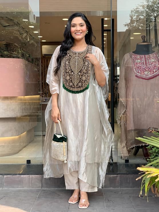 GoSriKi Kurta Set for Women Salsa Embroidered | Kaftan Kurti Set for Woman | Kurta Palazzo 2 Piece Outfit | Round Neck Kaftan Sleeve Ethnic Dress Stylish Womens Clothing - Image 5