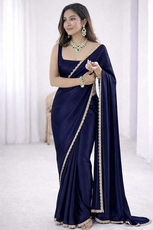 SATAZ Ready To Wear Saree For Women Pre Pleated Satin Silk Readymade With Unstitched Blouse (Navy Blue) - Image 7