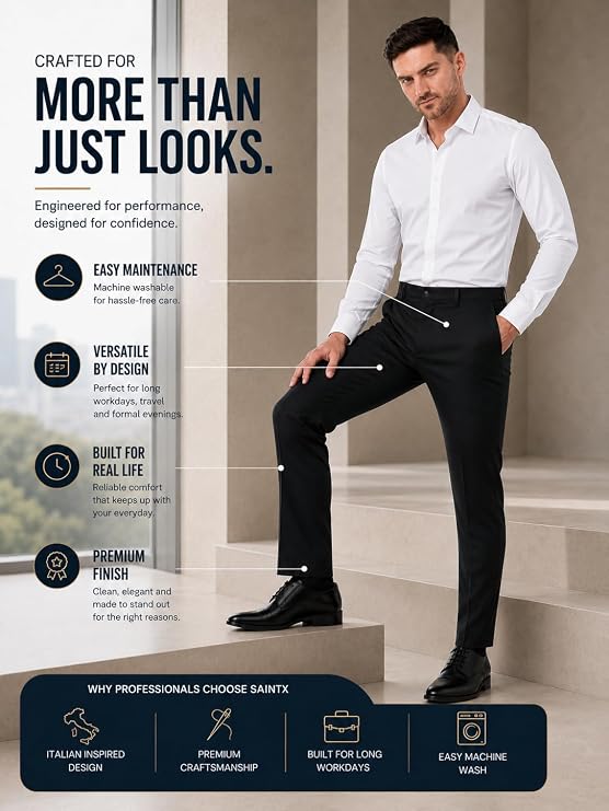 SaintX Men's Premium Stretchable Formal Trouser with Techno Flex Waistband | Slim Fit Pants | Italian Design | Office Wear - Image 6