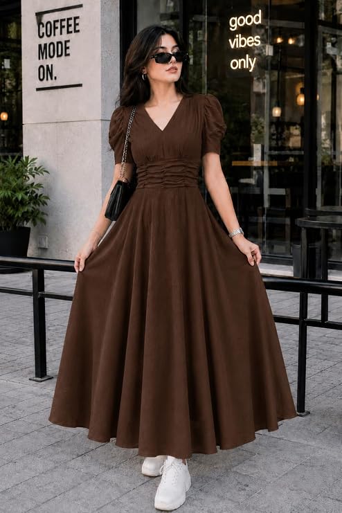 Preneum Girl's & Women's Solid Color V-Neck A-Line Maxi Dress for Women | New Year Party Outfit | Waist Cinched Puff Sleeve Western | Elegant Casual Wear - Image 5