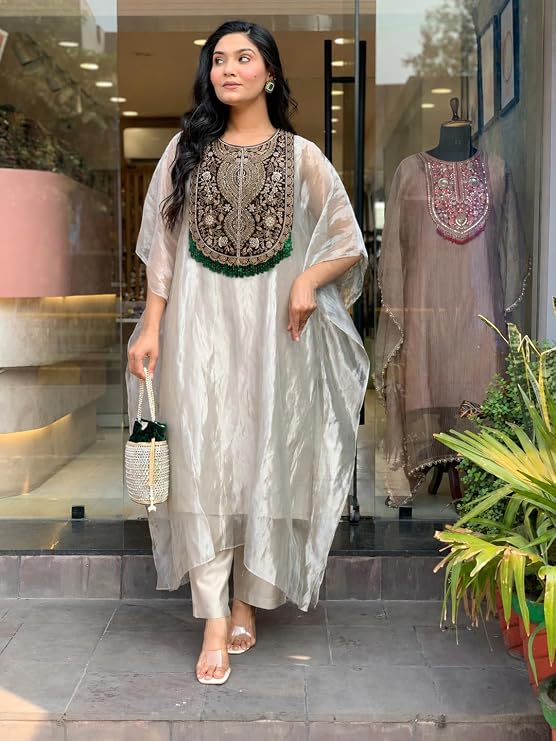 GoSriKi Kurta Set for Women Salsa Embroidered | Kaftan Kurti Set for Woman | Kurta Palazzo 2 Piece Outfit | Round Neck Kaftan Sleeve Ethnic Dress Stylish Womens Clothing - Image 2