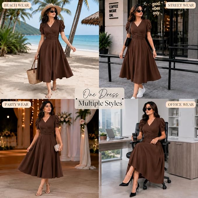 Preneum Girl's & Women's Solid Color V-Neck A-Line Maxi Dress for Women | New Year Party Outfit | Waist Cinched Puff Sleeve Western | Elegant Casual Wear - Image 3