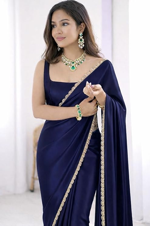 SATAZ Ready To Wear Saree For Women Pre Pleated Satin Silk Readymade With Unstitched Blouse (Navy Blue) - Image 3