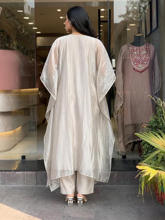 GoSriKi Kurta Set for Women Salsa Embroidered | Kaftan Kurti Set for Woman | Kurta Palazzo 2 Piece Outfit | Round Neck Kaftan Sleeve Ethnic Dress Stylish Womens Clothing - Image 3