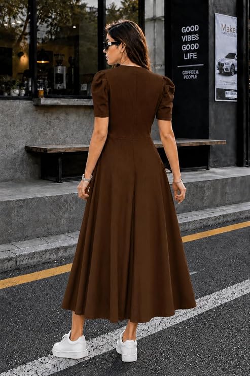 Preneum Girl's & Women's Solid Color V-Neck A-Line Maxi Dress for Women | New Year Party Outfit | Waist Cinched Puff Sleeve Western | Elegant Casual Wear - Image 6