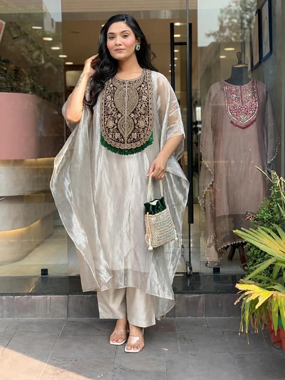 GoSriKi Kurta Set for Women Salsa Embroidered | Kaftan Kurti Set for Woman | Kurta Palazzo 2 Piece Outfit | Round Neck Kaftan Sleeve Ethnic Dress Stylish Womens Clothing - Image 4