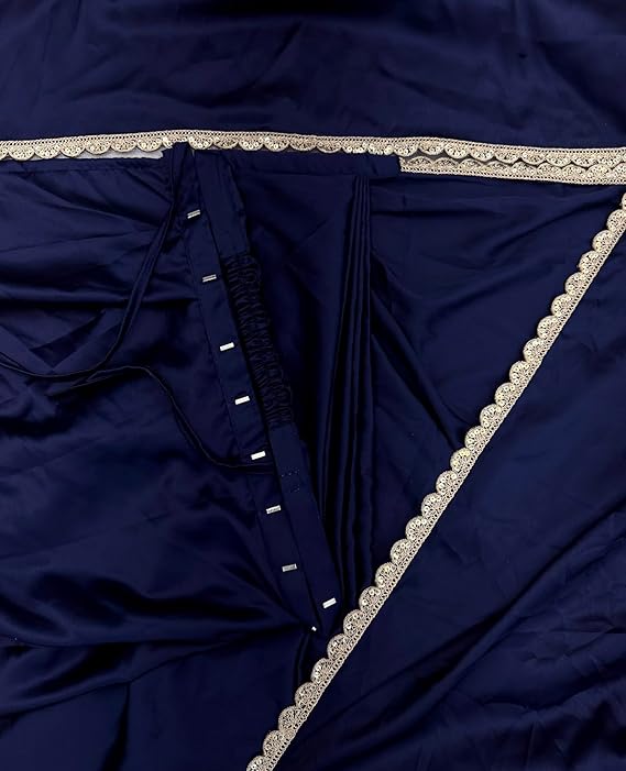 SATAZ Ready To Wear Saree For Women Pre Pleated Satin Silk Readymade With Unstitched Blouse (Navy Blue) - Image 4