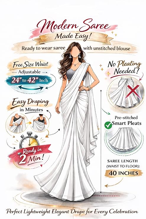 SATAZ Ready To Wear Saree For Women Pre Pleated Satin Silk Readymade With Unstitched Blouse (Navy Blue) - Image 5